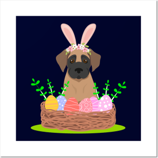 Great Dane Puppy with Bunny Ears and Easter Basket with Eggs Posters and Art